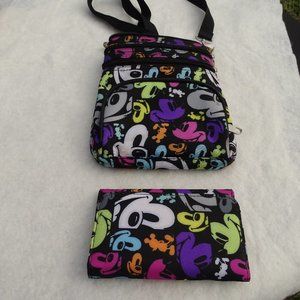 Disney Parks Mickey Mouse Black/Multi-Colored Crossbody Bag with Matching Wallet